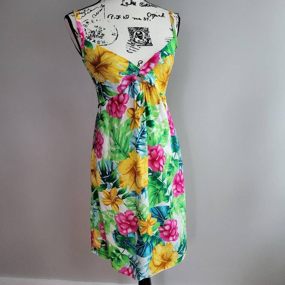 Vintage Y2K island planet babydoll dress tropical print sleeveless maximalist br
